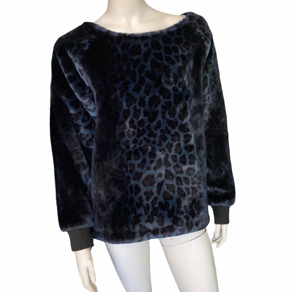 Jocelyn Faux Fur Pull over Jacket Top Blue black Cheetah Leopard size small